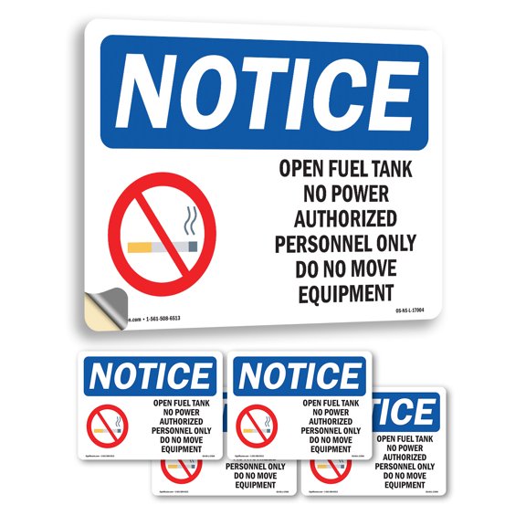 Open Fuel Tank No Power Authorized With Symbol OSHA Notice Vinyl Decal Label 7 Inch x 5 Inch - 5 Pack