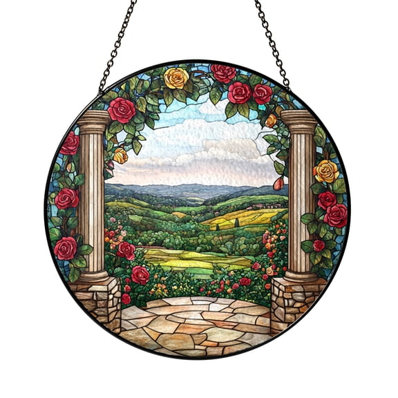 Open Garden Gate Scenic View Stained Glass Style Round Window Hanging Suncatcher, Peaceful Nature Decor Gift