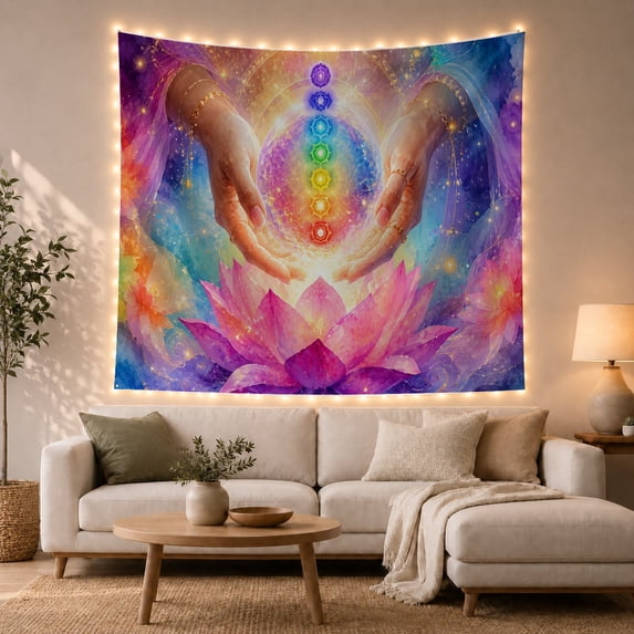 Open Hands Around Luminous Circle, Mystical Fantasy Style for Spiritual Decor Lovers, Geometric Wall Decor Housewarming Gift, Tapestry Wall Hanging for Bedroom and Yoga Room