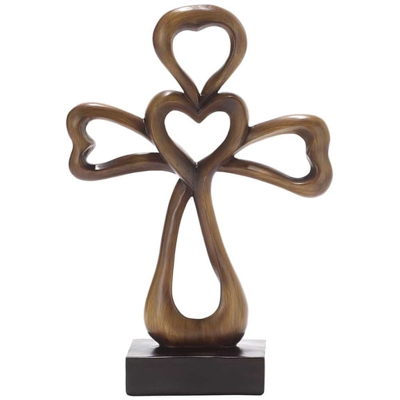 Open Heart Carved Brown Woodgrain 12 Inch Resin Tabletop Cross