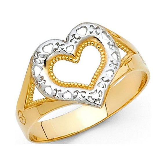 Open Heart Love Band Ring 14k Yellow & White Gold Satin Polished Finish Design Two Tone 12MM, Size 8.5