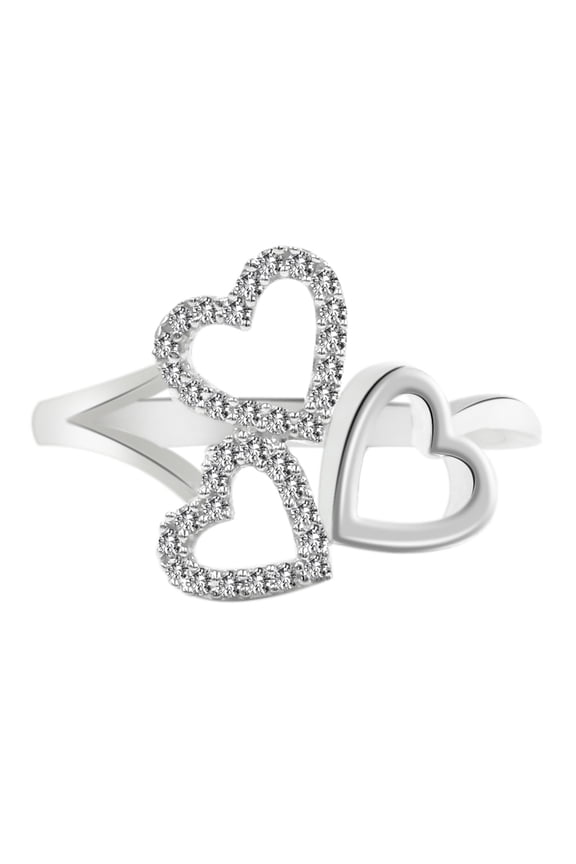 Open Heart Pave Set Diamond Ring, Triple Heart Ring, Split Shank Diamond Ring, Bypass Diamond Engagement Ring, 14K White Gold Plated, 1.5 Ct Simulated Diamond, Perfect For Daily Wear Ring