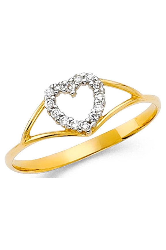 Open Heart Ring Solid 14k Yellow Gold CZ Love Band Right Hand Ring Stylish Polished Finish Fancy, Size 5