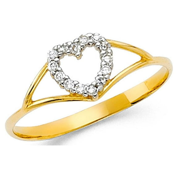 Open Heart Ring Solid 14k Yellow Gold CZ Love Band Right Hand Ring Stylish Polished Finish Fancy, Size 7