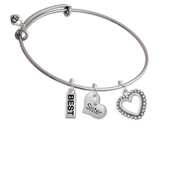 Open Heart with Beaded Border - 2 Sided Sister Heart Expandable Bangle Bracelet