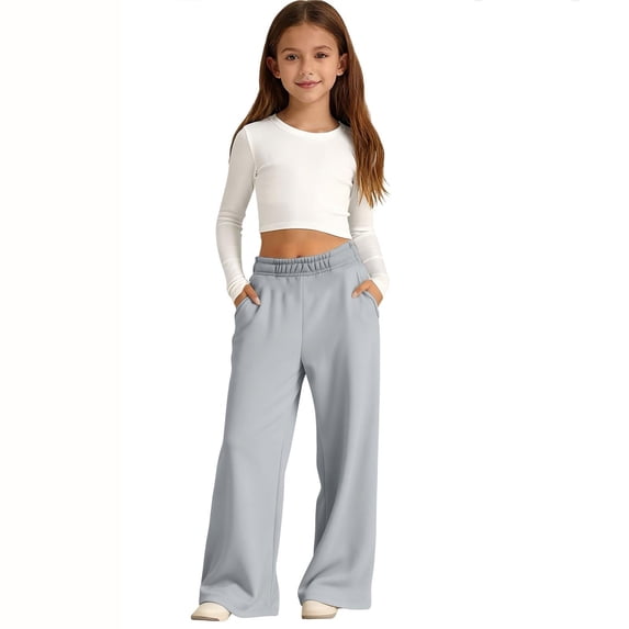 Open Hem Sweatpants Teen Girls Wide Leg Drawstring Baggy Pants Straight Leg Athletic Trousers with Pockets Gray 2-3Y