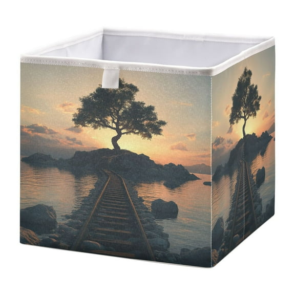 Open Home Storage Bins Durable Foldable Fabric Organizers for Clothes Toys Books 15.75x10.63x6.96 in A Tree with Rocks and Train