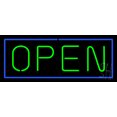 thumbnail image 1 of Open - Horizontal Green Letters with Blue Border LED Neon Sign 10 x 24 - inches, Clear Edge Cut Acrylic Backing, with Dimmer - Bright and Premium built indoor LED Neon Sign for storefront., 1 of 7