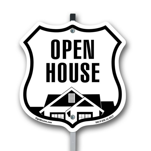 Open House 12 inch X 12 inch Shield Shaped Rust-Free Aluminum Metal Sign with Aluminum Mounting Stake Weather Resistant Made in the USA
