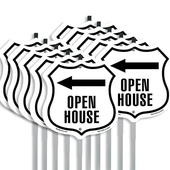 Open House Left (10 Pack) 12 inch X 12 inch Shield Shaped Rust-Free Aluminum Metal Signs with Aluminum Mounting Stakes Weather Resistant Made in the USA