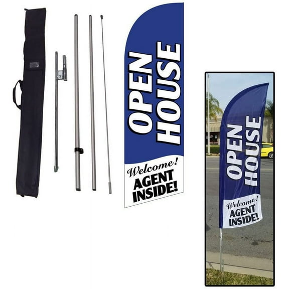 Open House Real Estate Advertising Feather Banner Flag Kit with Spike and Travel Bag, Blue