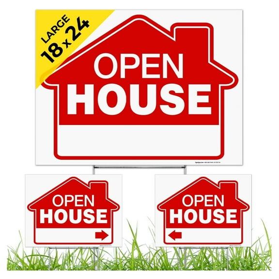Open House Real Estate Red Sign, (3 Pack) Double Sided 18x24 Inches, Corrugated Plastic with Metal H Stake, Made in USA