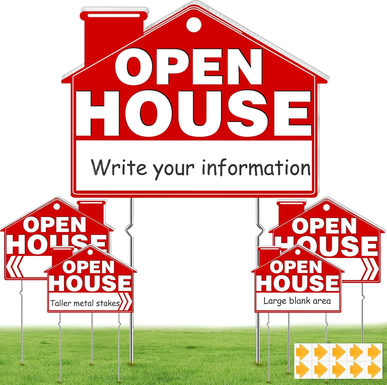 Open House Signs for Real Estate, 5 Packs 17" x 13" Large Double Sided Yard Signs with Metal Stakes Weather Proof Open House Sign with Directional Arrows for Real Estate Agent Property Sale