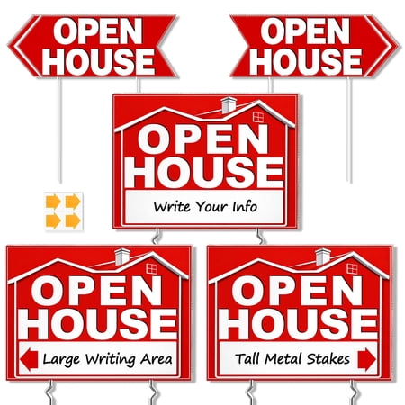 punada Open House Signs for Real Estate, 3 Pcs 17 x 13 inch and 2 Pcs 17 x 6 Inch Double-Sided Waterproof Open House Signs with Metal Stakes and Arrow Stickers for Realtor Sales