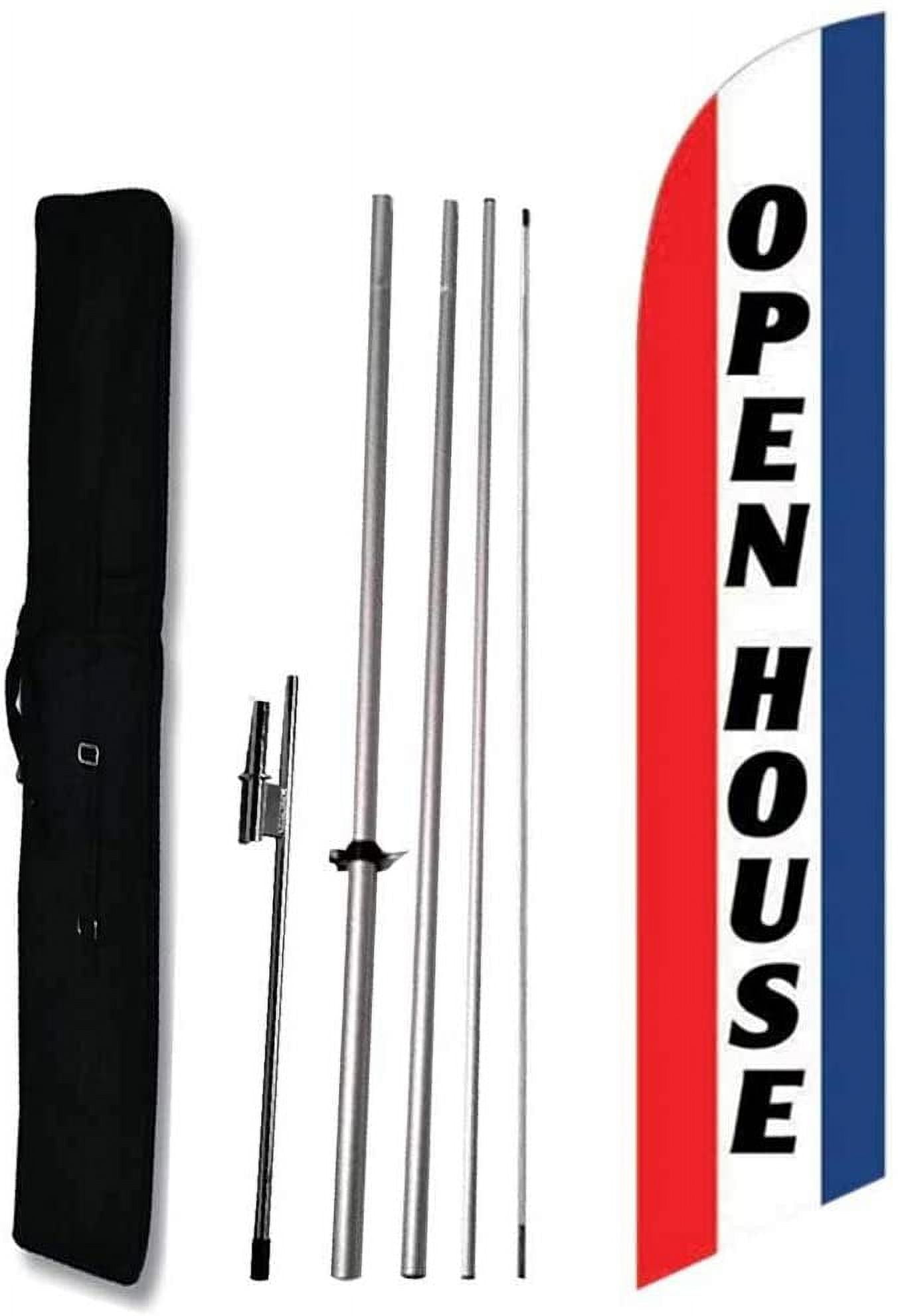 Open House for Real Estate Red/Blue Advertising Feather Flag Banner Sign - Complete 15ft Pole kit, Ground Spike and Carry Bag.