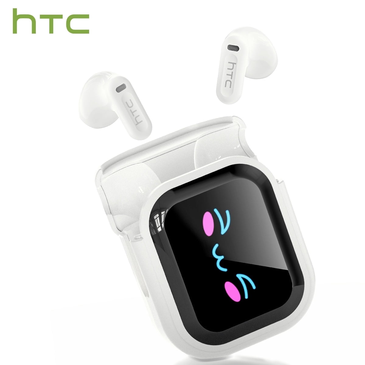 Open In-Ear AI Translation Wireless Earbuds - HTC NE20 Bluetooth 6.0, 130+ Language Translator, IPX5 Sweatproof for Running/Business, With LED Touch Screen, Beige white