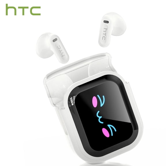 Open In-Ear AI Translation Wireless Earbuds - HTC NE20 Bluetooth 6.0, 130+ Language Translator, IPX5 Sweatproof for Running/Business, With LED Touch Screen, Beige white