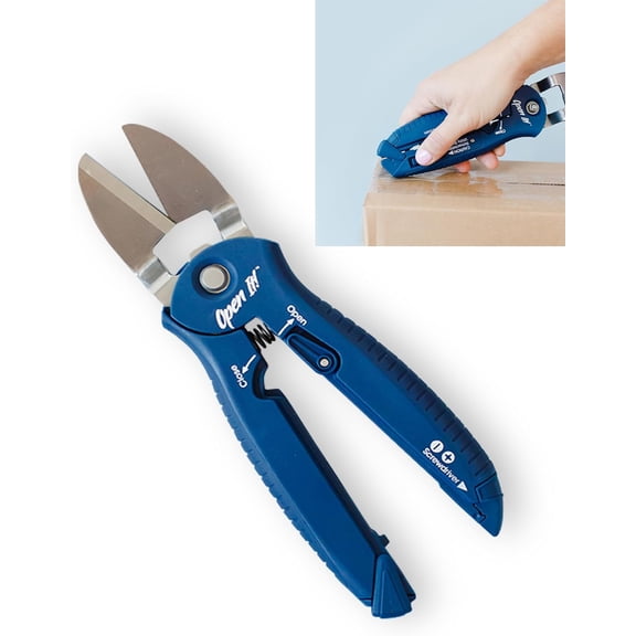 Open It! 4-in-1 Box Cutter & Package Opener Tool Heavy Duty Scissors, Retractable Blade & Screwdriver All-in-One Household Tool for Boxes & Plastic Packaging, Blue