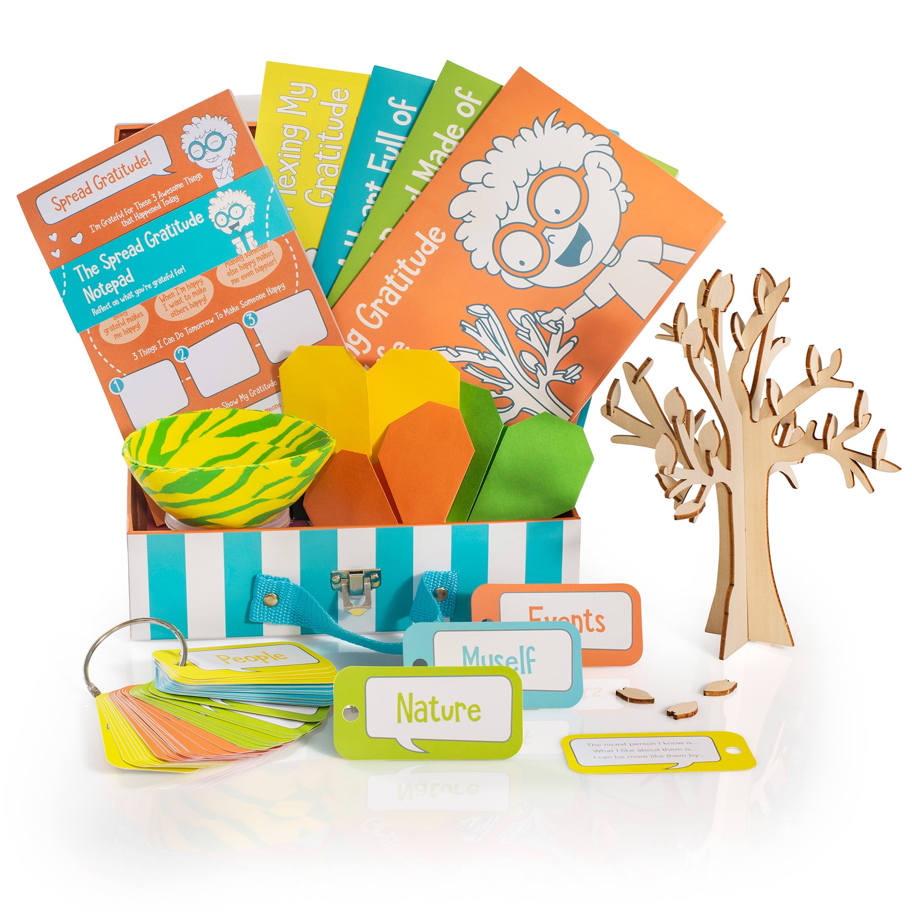 Open The Joy My Gratitude Box, Activity Box Includes A Wooden Building Project, Clay Bowl Project, Origami Projects, Notepad for Journaling, and Gratitude Cards - Ages 4+