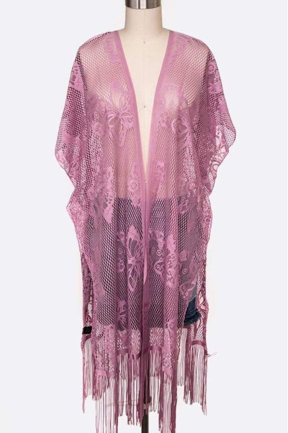 Open Knit Fringe Lace Kimono Cardigan