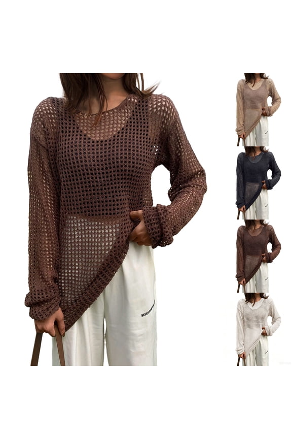 Open Knit Long Sleeve Top for Women, Sheer Mesh Crochet Tunic - Asymmetrical Hem Boho Beach Cover Up & Sun Protection Shirt Black