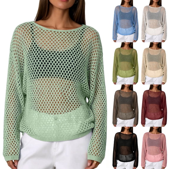 Open Knit Mesh Cover-Up for Women, Long Sleeve Loose Fit Crochet Top - Sheer Boho Beach Layering Piece Brown S