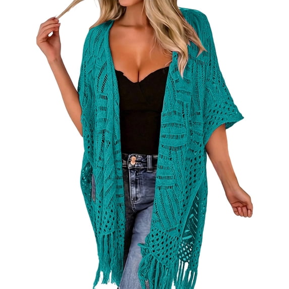 Open-Knit Tassel Cardigan for Women Summer Bohemian Lightweight Thin Cardigan Hollow Out Crochet– Beach Cover-Up with Tassel Fringe (Mint Green,One Size)