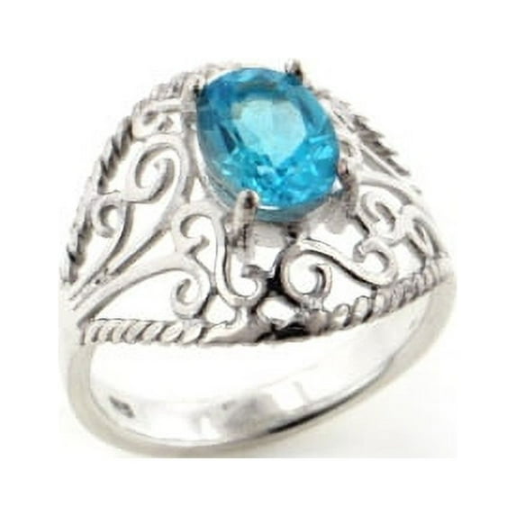 Open Lace Filigree Dome and Genuine Blue Topaz Sterling Silver Ring