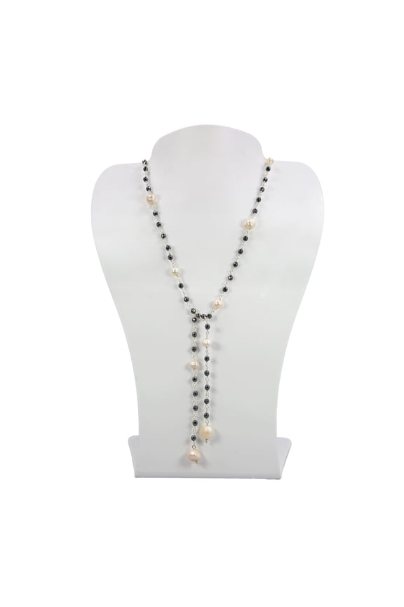 Open Lariat Hematite and Freshwater Pearl Necklace