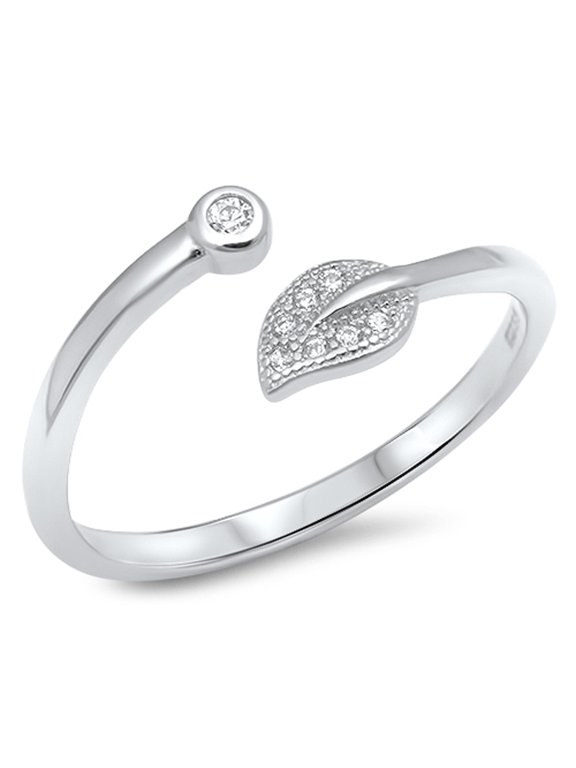 Open Leaf Clear Cubic Zirconia Ring .925 Sterling Silver Band White Jewelry Female Male Size 9