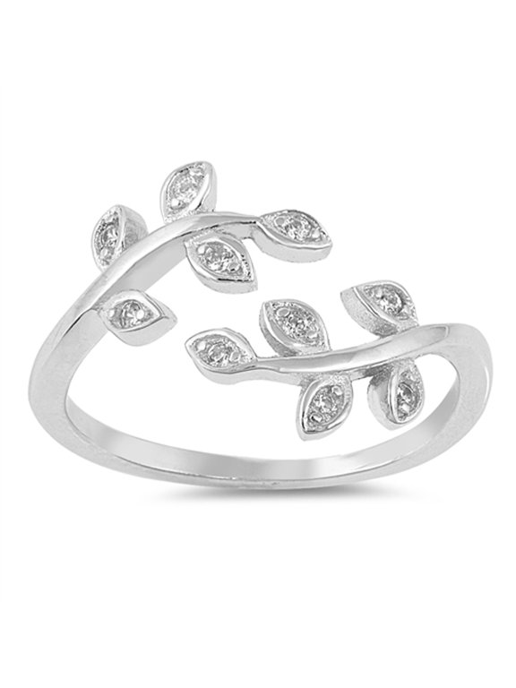 Open Leaf Clear Cubic Zirconia Tree Branch Nature Ring .925 Sterling Silver Band White Female Size 7
