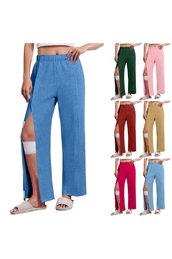 Open Leg Sweatpants for Women with Side Snaps - Adaptive Recovery Pants for Hip & Knee Surgery, High Waisted Lounge Trousers with Pockets Pink XXL