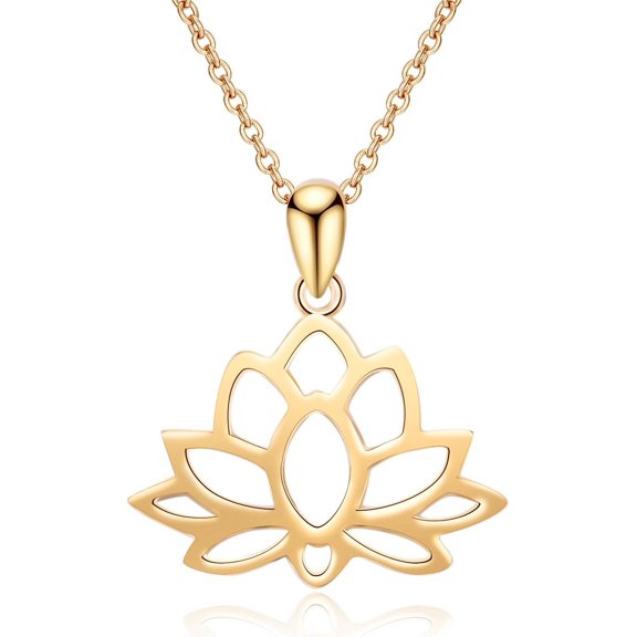 MYSTICPOEM Open Lotus Flower Necklace for Women Gold Plated Yoga Pendant Necklace for Women with 18+2 Inches Chain Jewelry Gifts for Birthday Christmas Mother's Day