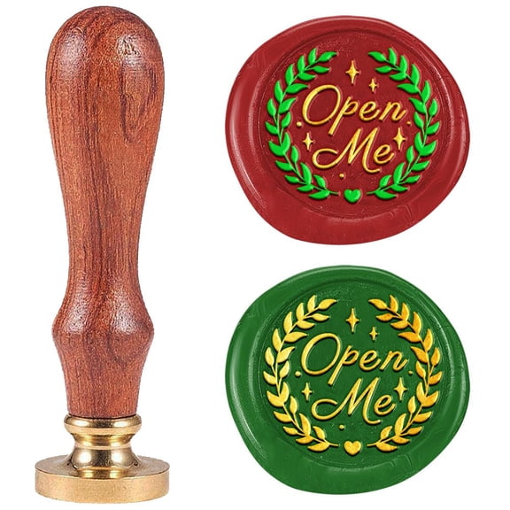 Open Me Word Wax Seal Stamp Leaf Embossed Stamp Sealing Removable 1" Novelty Brass Wax Seal Stamp Head with Wooden Handle for Wedding Invitations Envelopes Gift Packing Craft