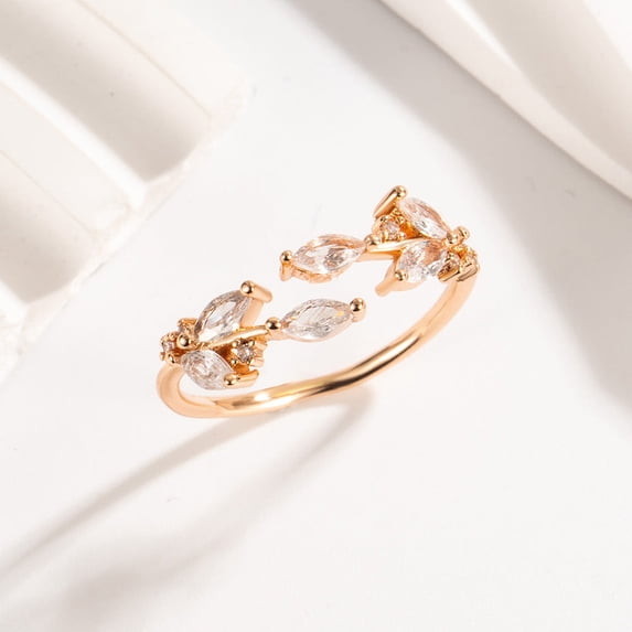 Open Mouth Copper Leaf Zircon Ring For Women, Electroplated Rose Gold or White Gold Finish