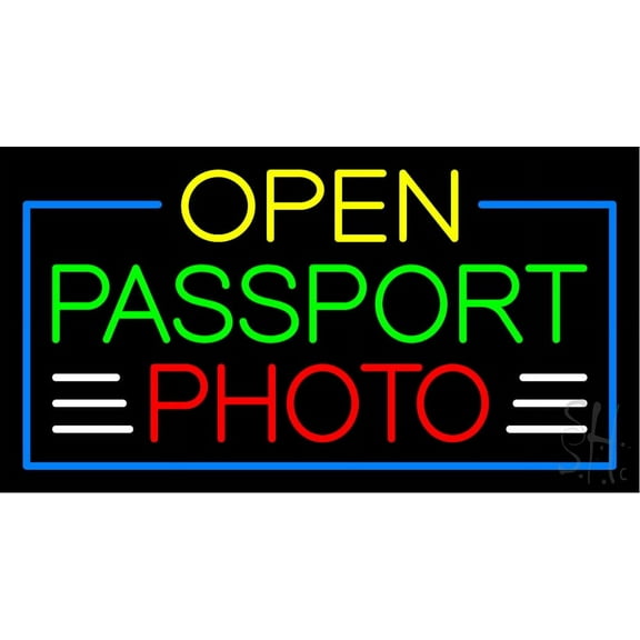 Open Passport Photo LED Neon Sign 20 x 37 - inches, Clear Edge Cut Acrylic Backing, with Dimmer - Bright and Premium built indoor LED Neon Sign for art gallery, and exhibition.