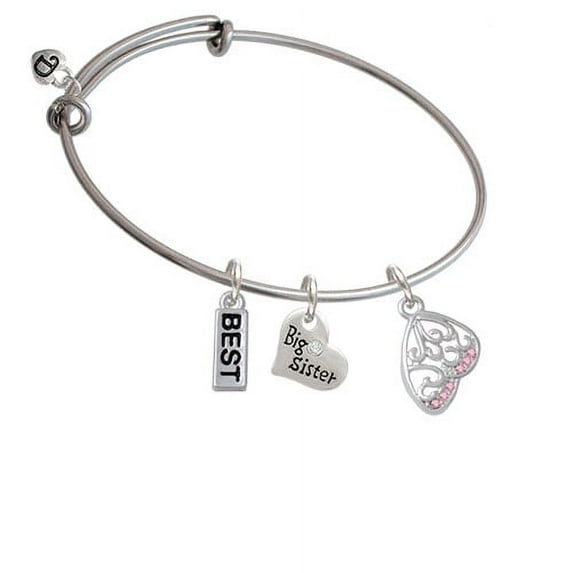 Open Pink Crystal Butterfly Wing Big Sister Heart Expandable Bangle Bracelet