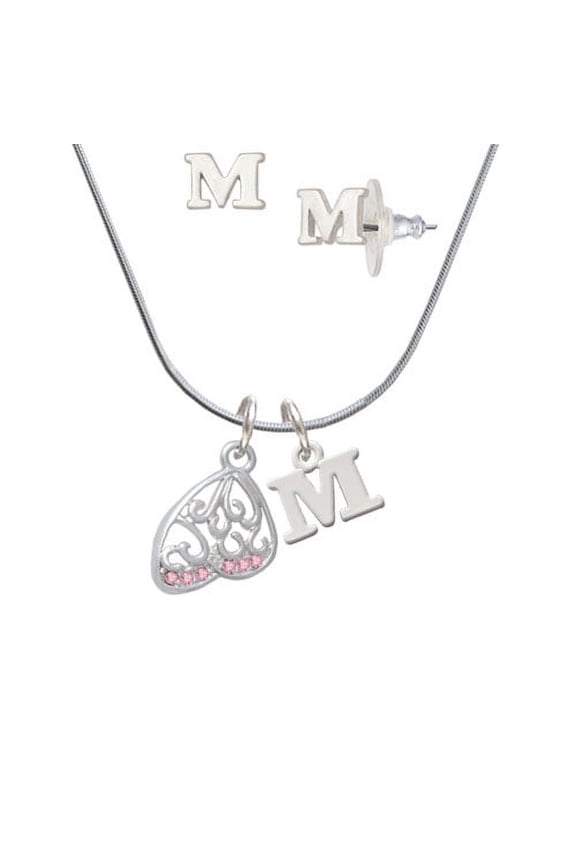 Open Pink Crystal Butterfly Wing - M Initial Charm Necklace and Stud Earrings Jewelry Set