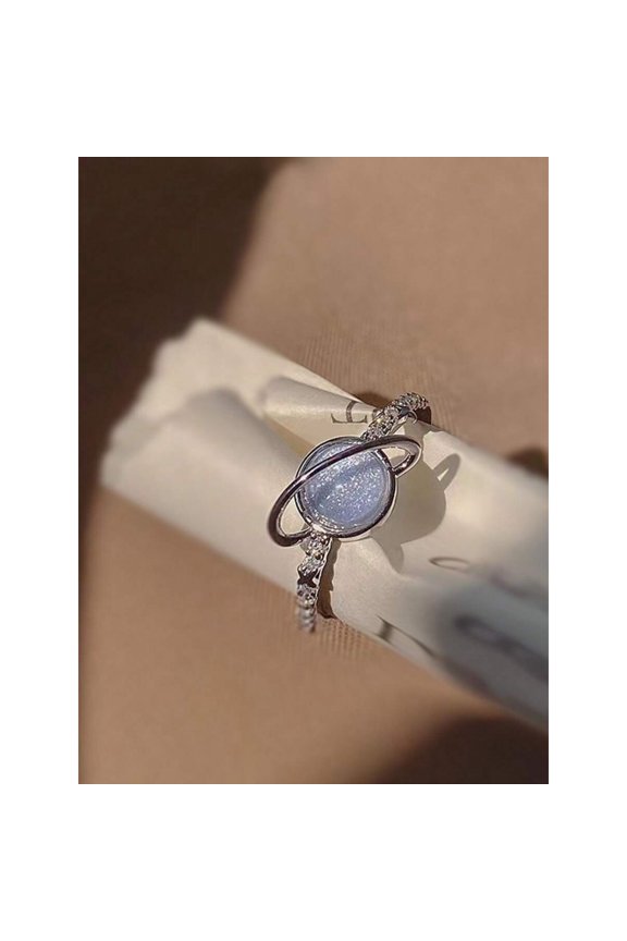 Open Planet Design Ring With Sparkling Blue Stone, Silvertone Metal, One-Size