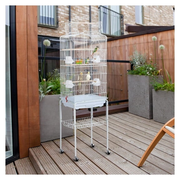 Open Play Top Large Parakeet Cage for Small Parrots Budgies Finches Canaries Lovebirds Metal Cage with Rolling Stand, White