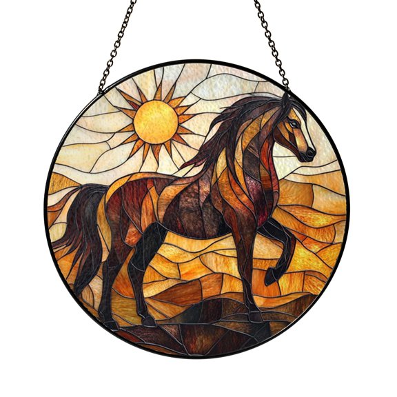 Open Range Horse Illustration Stained Glass Style Window Hanging – Rustic Decor