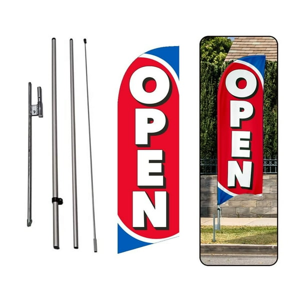 Open Red 6FT patriotic Swooper Feather Flag Advertising Banner with Complete 8FT pole kit and Ground Spike