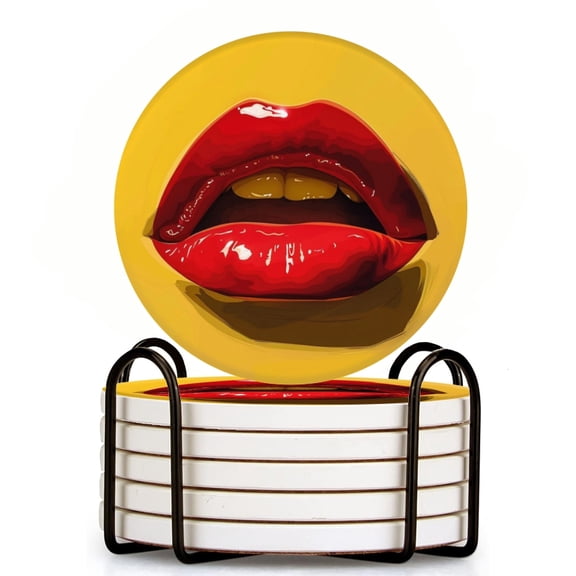 Open Red Lips With Tongue Sticking Out On Yellow Background Set of 6 Ceramic Coasters with Holder, Absorbent Drink Bar Coasters, Table Coasters for Living Room Decor Tabletop Protection
