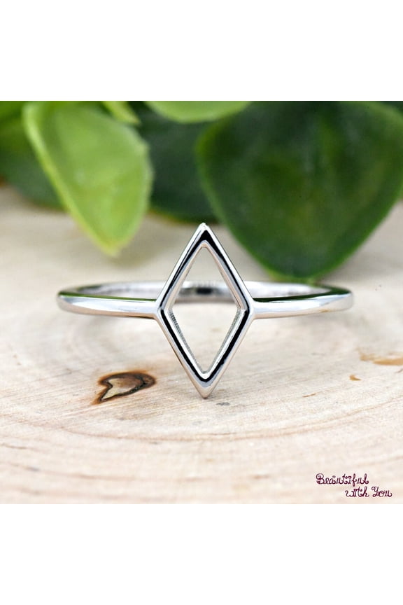 Open Rhombus Shape Geometric Minimalist Sterling Silver Ring, Womens Rhombus Silver Ring Ring Size-4