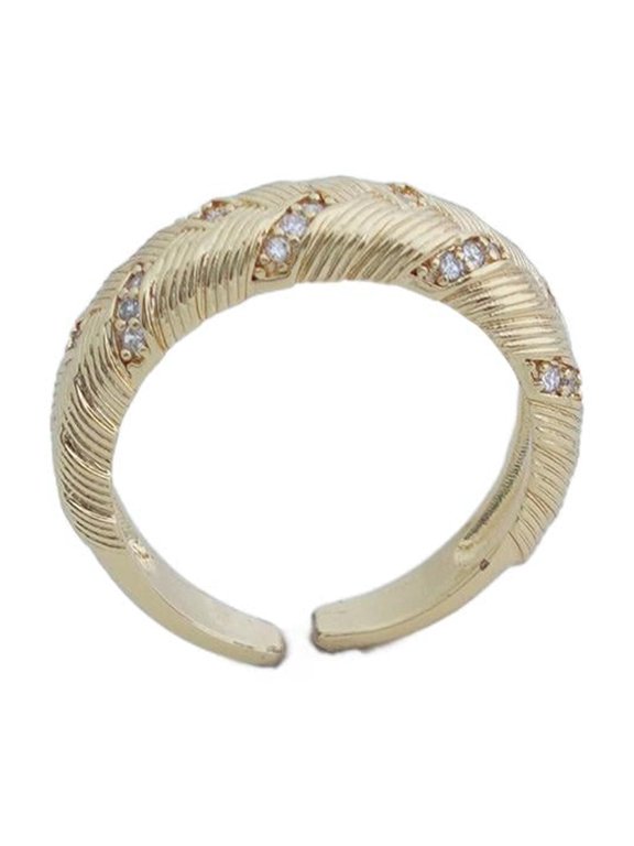 【Open Ring】Gold/Silver Plated Copper Rings, Braided Texture with Zircons, Trendy Retro Jewelry for Women