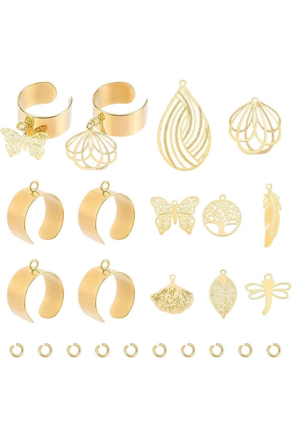 Open Ring Making Kit Stainless Steel Open Finger Rings with Leaf Tree Flower Dragonfly Pendants Ring