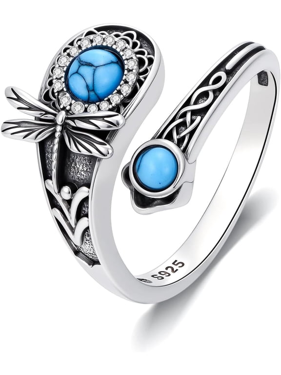 Open Rings 925 Sterling Silver Berserk Hummingbird Dragonfly Butterfly Adjustable Spoon Ring Turquoise Jewelry for Women Men