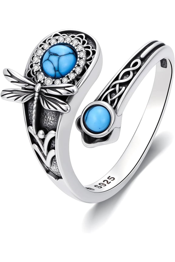 Open Rings 925 Sterling Silver Berserk Hummingbird Dragonfly Butterfly Adjustable Spoon Ring Turquoise Jewelry for Women Men