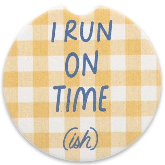 Open Road Brands I Run On Time(ish) Gingham Coaster for Car or Truck, 1 Pack, Easy Clean, 2.56 x 2.56 x 0.23 in