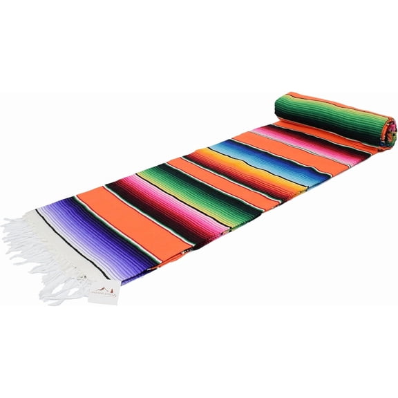 Open Road Goods Authentic Mexican Serape Blanket - Multicolor Saltillo Throw with Classic Stripe Pattern - Lightweight Handmade Blanket for Beach, Yoga, or Home Decor (Multi Orange)